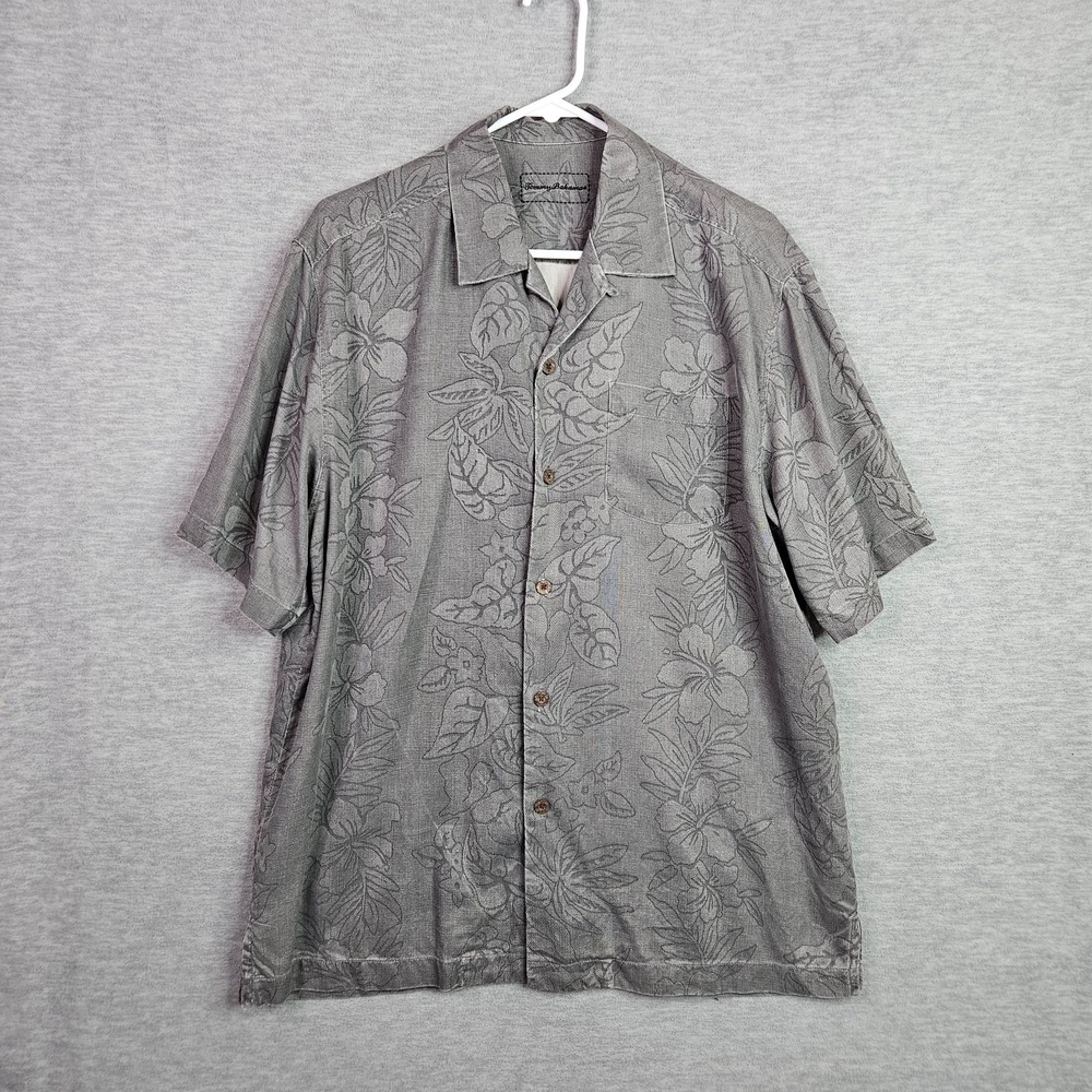 Tommy Bahama Silk Shirt Men's Size M Gray Floral Hawaiian Camp
